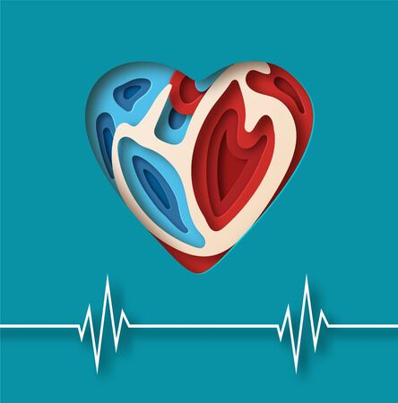 World Heart Day concept. Layered paper cut relief with World Heart Day label. Flat-style vector illustration with heartbeat line.のイラスト素材