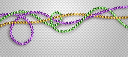 Vector illustration of Mardi Gras beads in traditional colors. Decorative glossy realistic elements for design Mardi Gras. Beads Isolated on transparent background.の写真素材