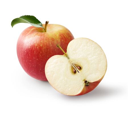 Fresh and delicious apple, red yellow ripe apples with half of apple isolated on white backgroundの写真素材