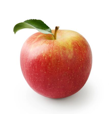 Yellow red apple isolated on white background. Fresh beutiful apple with green apple leaf.の写真素材