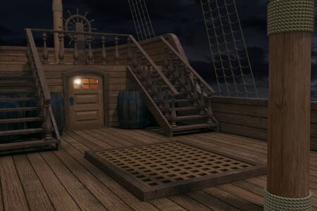 Outside of pirate old ship. Night view of ship background. 3d illustration of deck of a pirate ship. Mixed media.の写真素材