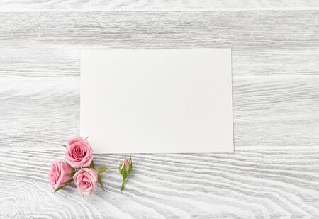 Blank sheet paper with rose flowers on white wooden background with copy space for design, text. Top view of pink roses and rose buds.の写真素材