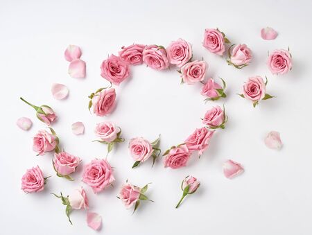 Beautiful Round frame from rose flowers on white background with copy space for design, text. Top view of pink roses and rose buds.の写真素材