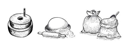 Set of flour, hand mill, wheat, grain, bag of flour, ingredients. Hand drawn vector illustration. Engraving style. Big set.のイラスト素材