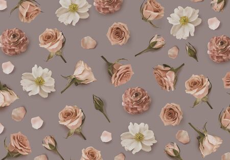 Floral pattern made of pink flowers and rosebuds. Flat lay, top view. Valentines background. Flower...