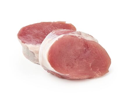 Fresh raw pork chop slices isolated on white background. Two pork medallions.の写真素材