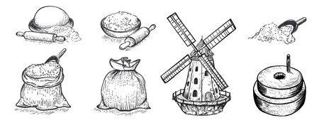 Set of flour, hand mill, windmill, wheat, grain, ingredients. Hand drawn vector illustration. Engraving style. Big set.の写真素材
