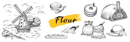 Set of flour, hand mill, windmill, neapolitan stove, wheat, grain, ingredients. Hand drawn vector illustration. Engraving style. Big set.のイラスト素材