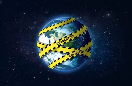 Concept with Planet Earth in Quarantine. A yellow attention tape surrounds Earth. Coronavirus pandemic. 3D rendering - Illustration.の写真素材