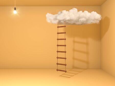 Room with a light bulb and stairs leading to clouds. Rope-ladder to growth, future concept. The concept of personality development in a pandemic and quarantine. Yellow tone, color.の写真素材