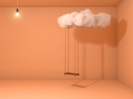 Creative composition with swing in the clouds and light in the room. The concept of dreams in a pandemic and quarantine.の写真素材