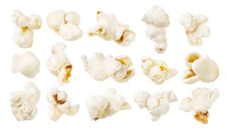Set of salted popcorns, isolated on white background.の写真素材