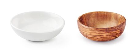 Wooden bowl and white bowl isolated on white background. Set of bowls.の写真素材