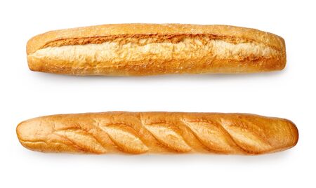 Baguettes isolated on white background. Top view of breads.の写真素材