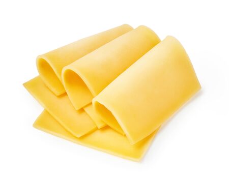 Three Cheese slices isolated on white backgroundの写真素材