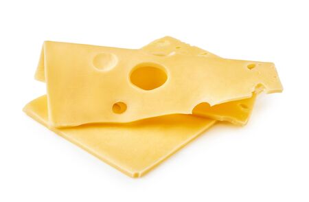 Cheese slices isolated on white background. Maasdam cheese.の写真素材