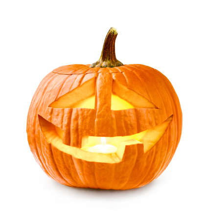 Glowing Halloween Pumpkin isolated on white background. Jack Oâ Lantern.の写真素材
