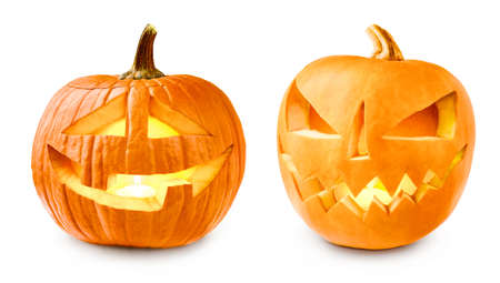 Set of Glowing Halloween Pumpkins isolated on white. Jack Oâ Lantern.の写真素材