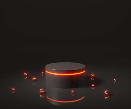 Minimal scene with geometrical forms. Cylinder podiums on black background. Showcase, shopfront, display case and stage.の写真素材