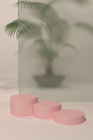 Luxury concrete scene with geometrical forms and palm leaf shadow. Cylinder podiums on pink background. Showcase, shopfront, display case and stage. -3d rendering. - Illustration.の写真素材