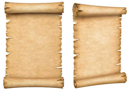 Two old paper manuscripts. Papyrus scroll vertically oriented isolated on white background.の写真素材