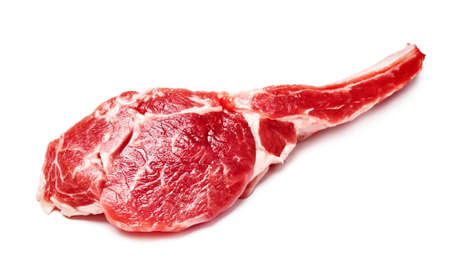 Slice of mutton meat isolated on white. Top view of mutton steak.の写真素材