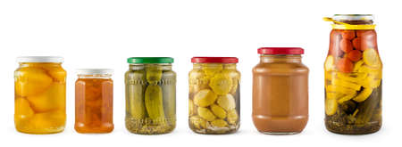 Preserves vegetables, fruits isolated on white.の写真素材