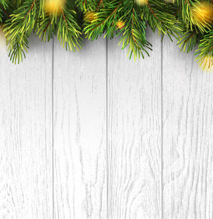 Christmas branches on white wooden board for banner design. Holiday banner with christmas lights for happy new year. Merry christmas. Holiday vector background.のイラスト素材