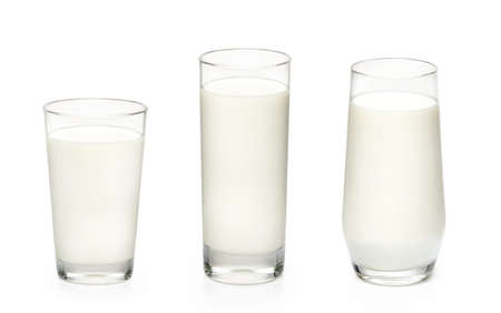 Three glasses of milk isolated on white background. Set of glasses with milk.の写真素材