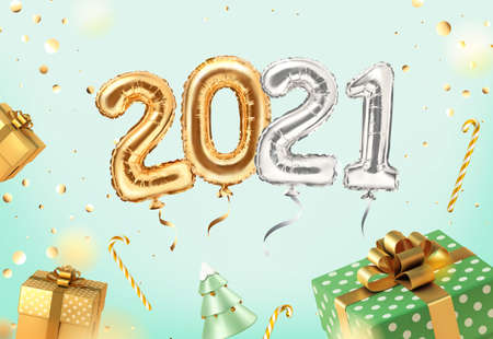 2021 golden decoration holiday on neomint background. Shiny party background with golden and green gifts. Gold foil balloons numeral 2021 and confetti. Happy new year 2021 holiday. Realistic 3d vector illustrationのイラスト素材