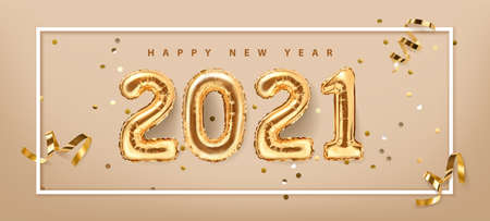 2021 golden decoration holiday on mint background. Shiny party background. Gold foil balloons numeral 2021 and confetti. Happy new year 2021 holiday. Realistic 3d vector illustrationのイラスト素材