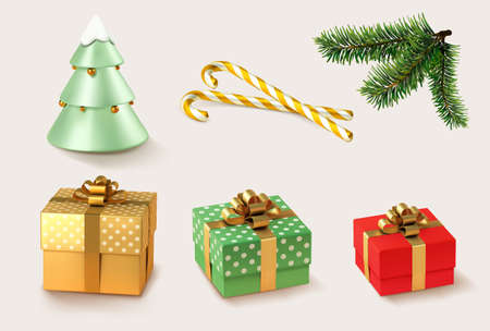 Christmas golden and red gifts with Christmas caramel and Christmas tree and branches. 3d realistic vector icon setのイラスト素材
