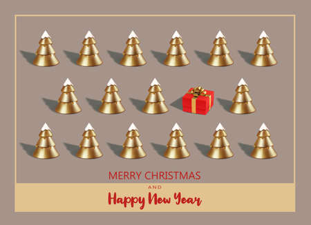 Trendy Christmas pattern made with Christmas gold tree and Christmas red gift box on dark pink background. Minimal Christmas concept.のイラスト素材