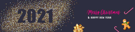 Merry Christmas and Happy New Year. Background Xmas design of Christmas caramel, realistic golden snowflakes and glitter golden confetti, bauble ball. 2021 vector illustration on dark background.のイラスト素材