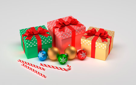 Christmas presents isolated on a white background. Christmas balls, gifts and christmas caramel.の写真素材