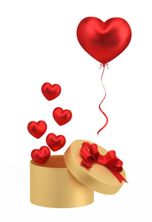 Gold gift box with red balloons heart shape isolated on white background. 3D illustration.の写真素材