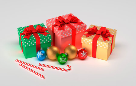 Christmas presents isolated on a white background. Christmas balls, gifts and christmas caramel. 3D illustrationの写真素材