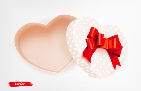 Pink heart shape gift box with red bow and polka dot pattern on white background. Open gift box. 3d realistic vector. Romantic holiday presents Heart shape. Vector illustration.のイラスト素材
