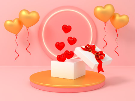 Podium display for Valentines Day with white gift box. Abstract design template. 3d render valentine abstract background product. Stand product mockup. 3D illustration.の写真素材