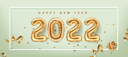 2022 golden decoration holiday on green background. Happy new year 2022 holiday. Shiny party background. Gold foil balloons numeral 2022 with realistic festive objects,, glitter gold confetti and serpentine. Horizontal banner. Realistic 3d vector illustration.のイラスト素材