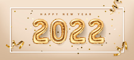 2022 golden decoration holiday on beige background. Gold foil balloons numeral 2022 with realistic festive objects,, glitter gold confetti and serpentine. Horizontal banner. Happy new year 2022 holiday. Realistic 3d vector illustration.のイラスト素材