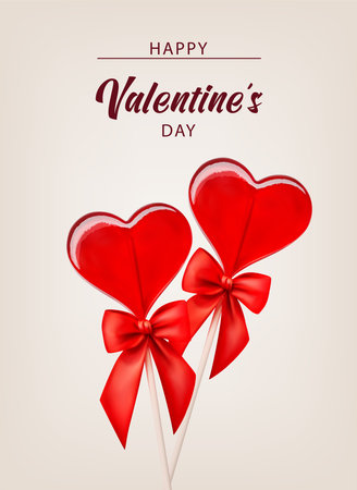 Valentine background with caramel hearts and red ribbon for banner design. Greeting card, invitation, flyer. 3d realistic vector. Vector illustration isolated.のイラスト素材