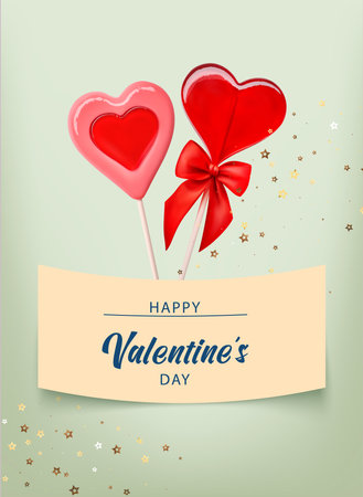 Valentine background with caramel hearts for banner design. Greeting card, invitation, flyer. 3d realistic vector. Vector illustration isolated.のイラスト素材