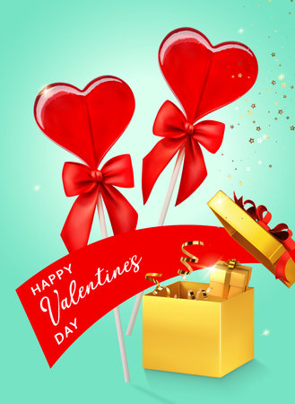 Valentine background with caramel hearts and gift boxes. Greeting card, invitation, flyer. 3d realistic vector. Vector illustration isolated.のイラスト素材