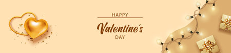 Valentine background with gold heart, serpentine and garland. Greeting card, invitation, flyer, banner. 3d realistic vector.のイラスト素材