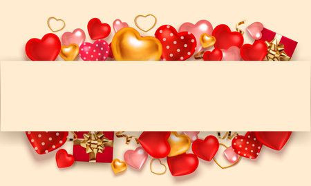 Valentine background with red hearts, gold serpentine. Greeting card, invitation, flyer. 3d realistic vector. Empty place for your text.のイラスト素材
