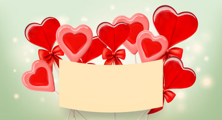 Valentine background with caramel hearts for banner design. Greeting card, invitation, flyer. 3d realistic vector. Vector illustration isolated.のイラスト素材