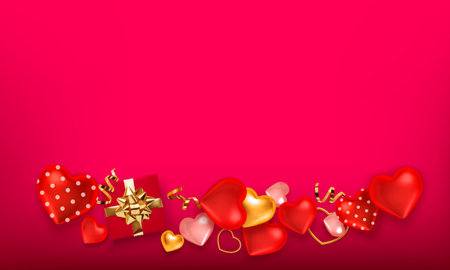 Valentine red background with red hearts, gold serpentine. Greeting card, invitation, flyer. 3d realistic vector. Empty place for your text.のイラスト素材