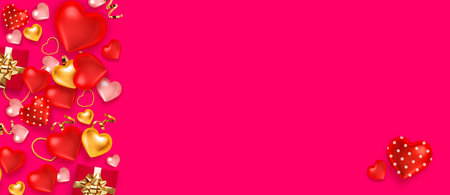 Valentine red background with red hearts, gold serpentine. Greeting card, invitation, banner. 3d realistic vector. Empty place for your text.のイラスト素材