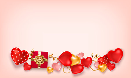 Valentine background with red hearts, gold serpentine. Greeting card, invitation, flyer. 3d realistic vector. Empty place for your text.のイラスト素材